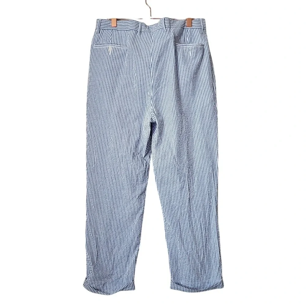 GARRET SCOTT Pleated Cuffed Seersucker pants Nautical preppy blue white‎ 36R